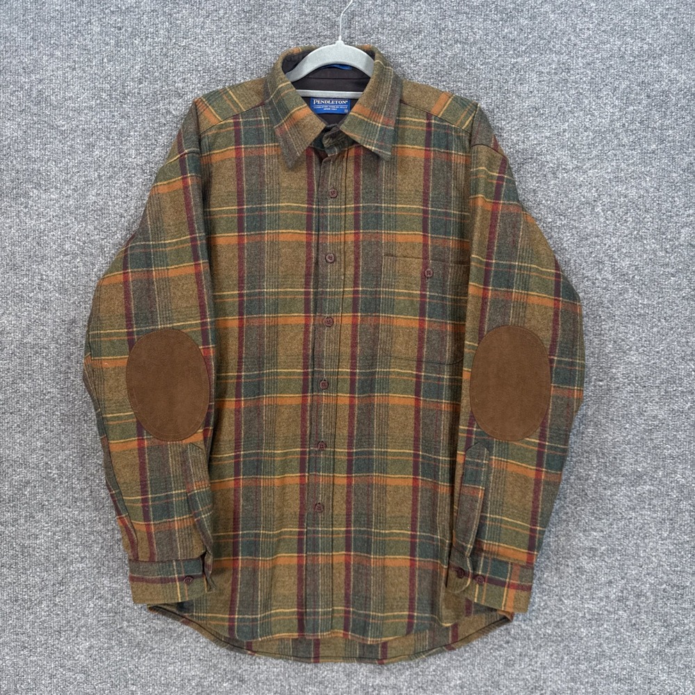 Pendleton Trail Shirt Mens Medium Green Plaid Elbow Patch Wool Flannel Button Up